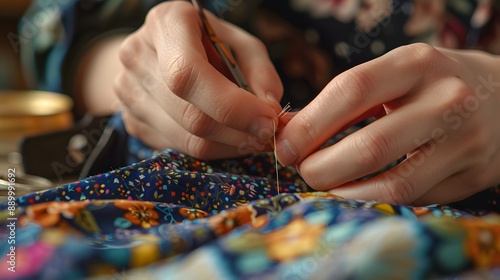 Threading a Needle: Close-up of hands threading a needle, with a sewing kit and fabric pieces on the table.
