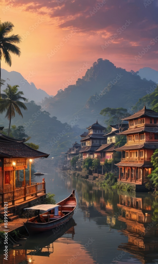 Obraz premium Sunset over a river town in Southeast Asia.