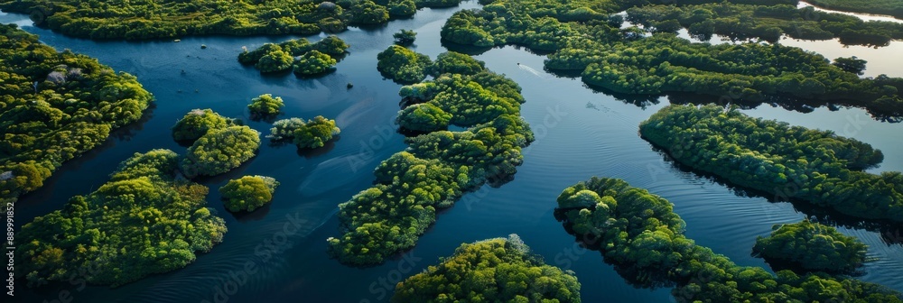 Aerial view of Senegal's Saloum Delta National Park, featuring mangrove forest and channels, showcases the beauty of this protected ecosystem Aerial view of Senegal's Saloum Delta National Park, featuring mangrove forest and channels, showcases the beauty of this protected ecosystem