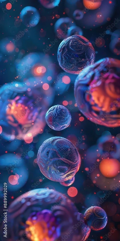 Closeup of abstract background with round shaped cells of vaccine of different sizes illuminated by colorful light. Closeup of abstract background with round shaped cells of vaccine of different sizes illuminated by colorful light.