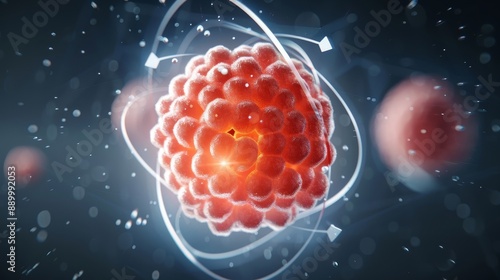 Cross-section of an atomic nucleus, highlighting protons and neutrons in a lattice structure, with arrows indicating strong nuclear forces and a faint glow around the nucleus