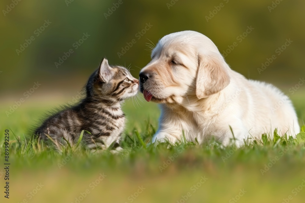 Fototapeta premium Adorable puppy and kitten share heartwarming bond in playful and innocent interaction