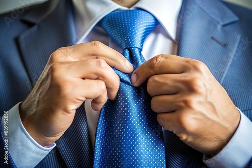 business man hand tying necktie on suit closeup