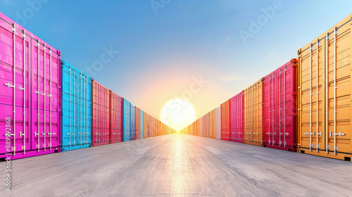 Wallpaper Mural Rows of vibrant shipping containers aligned on both sides with the sun setting in the background, creating a colorful and symmetrical industrial scene. Torontodigital.ca
