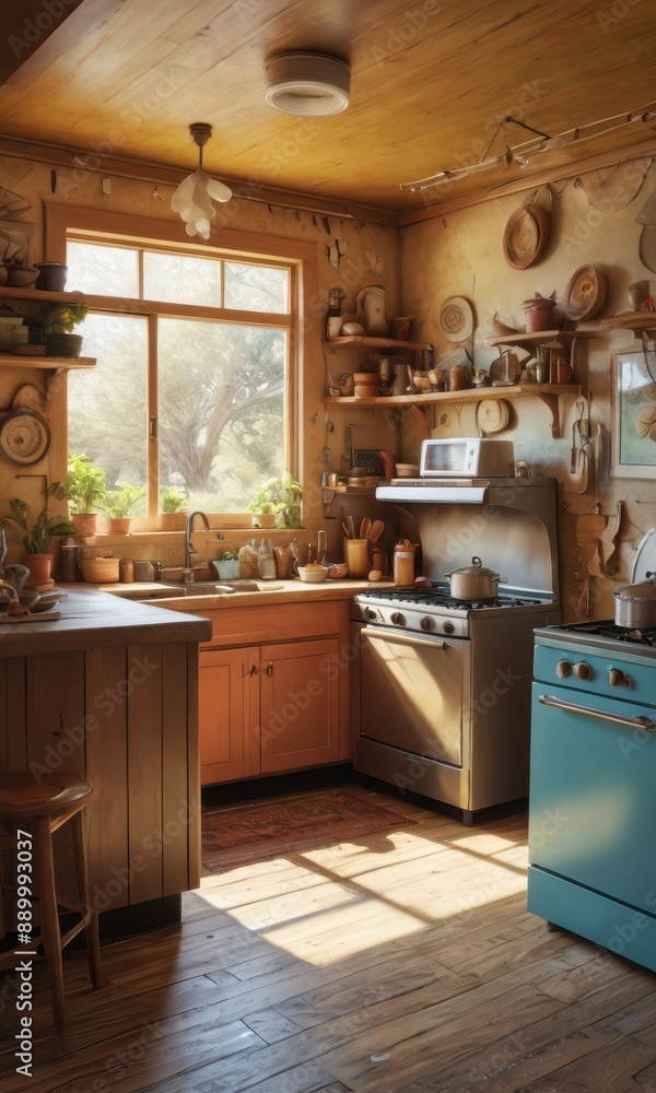 Fototapeta premium Rustic Kitchen with Blue Stove and Window Light.