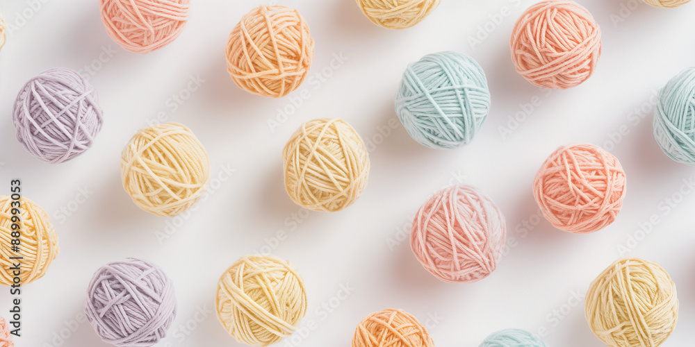 A background of pastel-colored hemp yarn balls, each with its shadow, scattered across the canvas in an elegant display, with soft shadows on a white background A background of pastel-colored hemp yarn balls, each with its shadow, scattered across the canvas in an elegant display, with soft shadows on a white background
