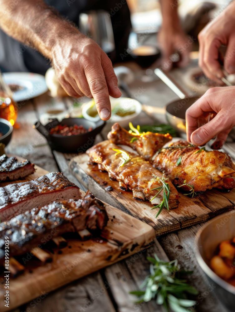 On the left a huge steak and whole ribs with hands reaching for it. On the right a golden, crispy chicken with hands grabbing it. AI generative. On the left a huge steak and whole ribs with hands reaching for it. On the right a golden, crispy chicken with hands grabbing it. AI generative.