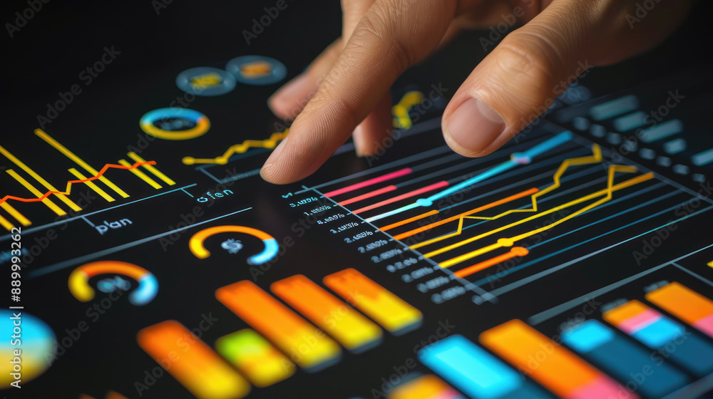 Close-up of Hand Interacting with Digital Data Visualization on Touchscreen Display with Graphs and Charts