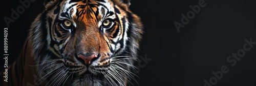 A fierce tiger stares directly at the camera, its face illuminated against a dark background. The tiger's striped fur and piercing eyes create a captivating image