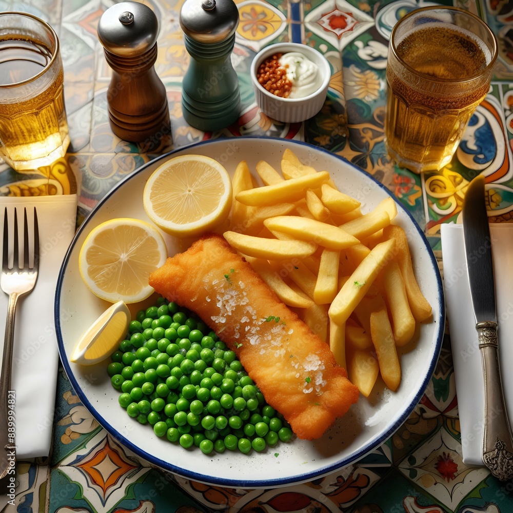 A classic British fish and chips meal served on a white plate with peas, lemon, and condiments on a patterned table. A classic British fish and chips meal served on a white plate with peas, lemon, and condiments on a patterned table.