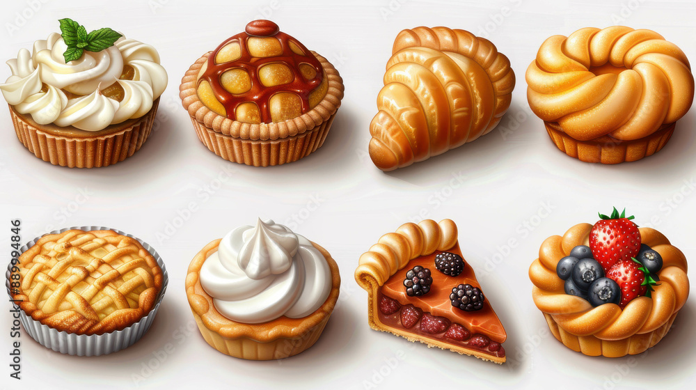 A selection of mini pastries and cakes with various designs and fruit toppings, arranged on a white background. Ideal for bakery displays and dessert photography. A selection of mini pastries and cakes with various designs and fruit toppings, arranged on a white background. Ideal for bakery displays and dessert photography.