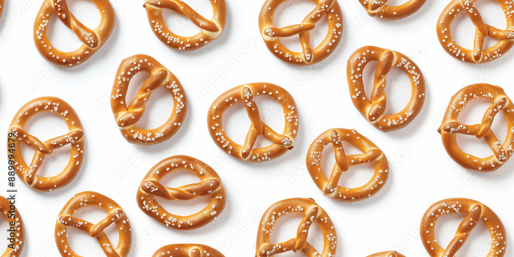 A background of soft pretzels, each with its shadow, scattered across the canvas in an elegant display, with soft shadows on a white background A background of soft pretzels, each with its shadow, scattered across the canvas in an elegant display, with soft shadows on a white background