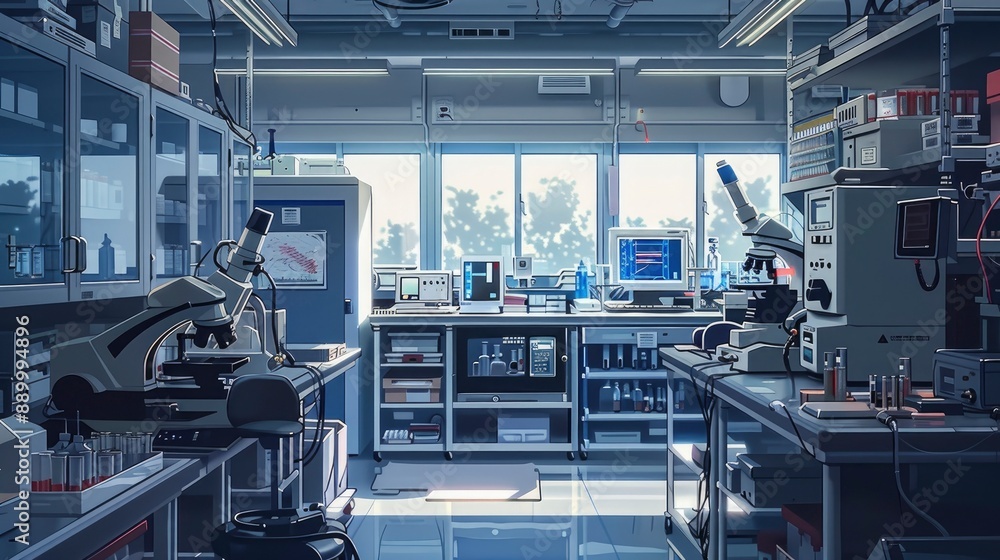 A detailed image of a cell culture lab with incubators, biosafety cabinets, and microscopes, all arranged meticulously. A detailed image of a cell culture lab with incubators, biosafety cabinets, and microscopes, all arranged meticulously.