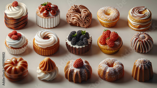  A selection of mini pastries and cakes with various designs and fruit toppings, arranged on a white background. Ideal for bakery displays and dessert photography. photo