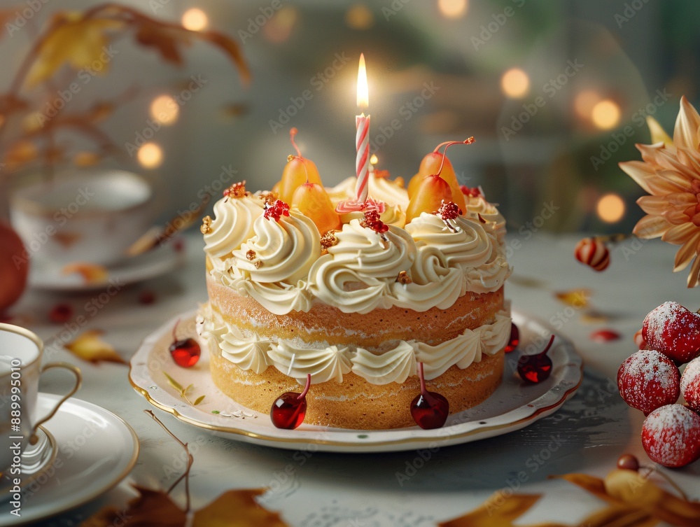 3. A beautifully detailed 3D birthday cake with lush creamy frosting and a candle burning brightly on top, surrounded by festive decorations, capturing the essence of a luxurious celebratory pastry 3. A beautifully detailed 3D birthday cake with lush creamy frosting and a candle burning brightly on top, surrounded by festive decorations, capturing the essence of a luxurious celebratory pastry