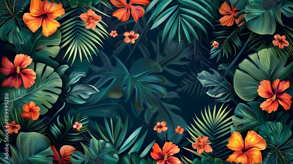 Vibrant Tropical Frame with Palm Leaves and Colorful Flowers Seamless Background Vibrant Tropical Frame with Palm Leaves and Colorful Flowers Seamless Background