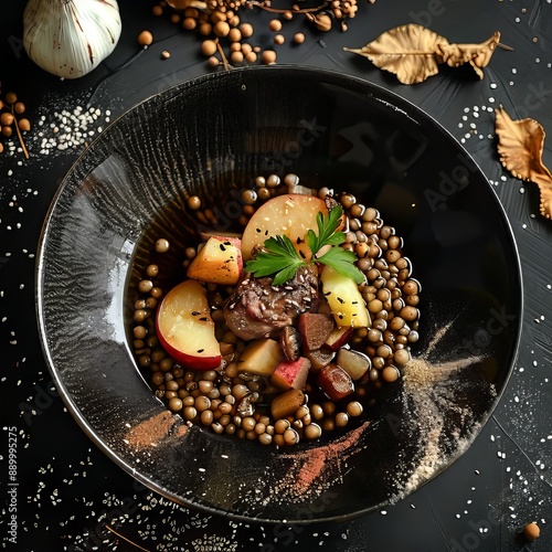 Rustic Lentil Soup with Apples and Herbs in a Bowl photo