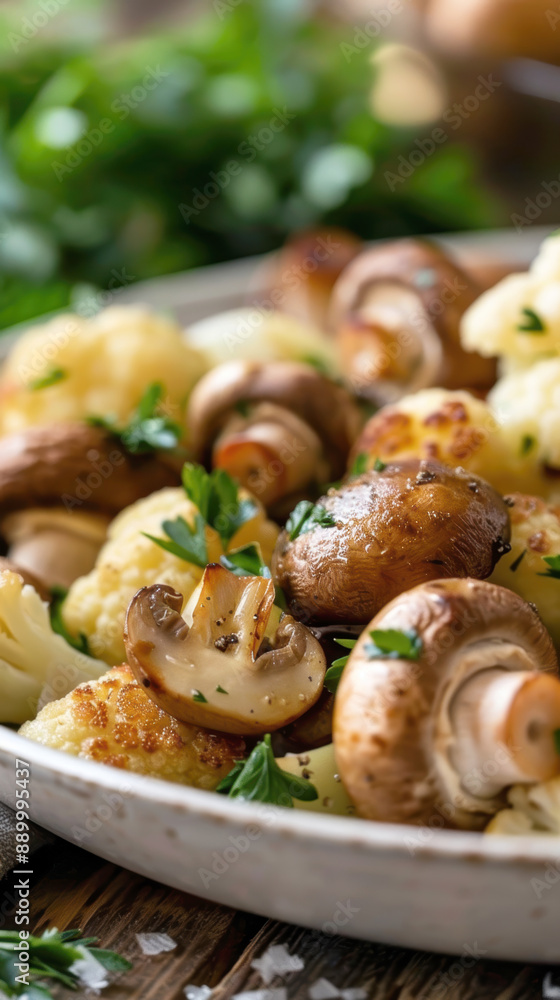Fototapeta premium Garlic Cauliflower and Mushrooms. AI generative.