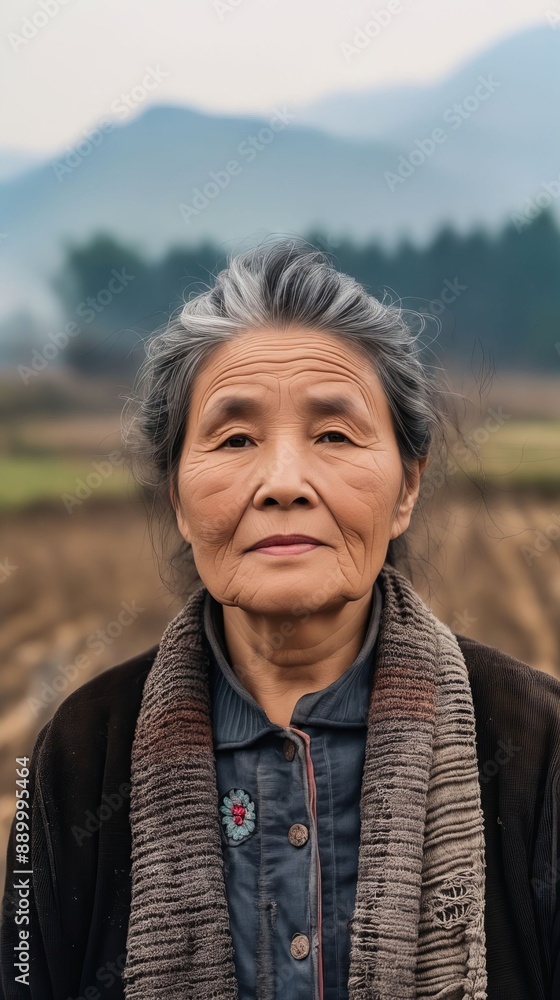 An old woman standing in a field. An old woman standing in a field.