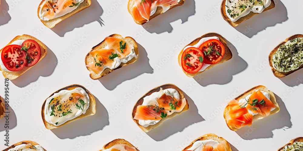 A background of tartines, each with its shadow, scattered across the canvas in an elegant display, with soft shadows on a white background