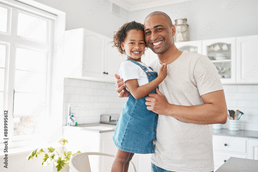 Portrait smile, dad and girl with hug for care, love bonding and security in family home. Happy, father and young daughter with support, embrace and time together for weekend in apartment kitchen Portrait smile, dad and girl with hug for care, love bonding and security in family home. Happy, father and young daughter with support, embrace and time together for weekend in apartment kitchen