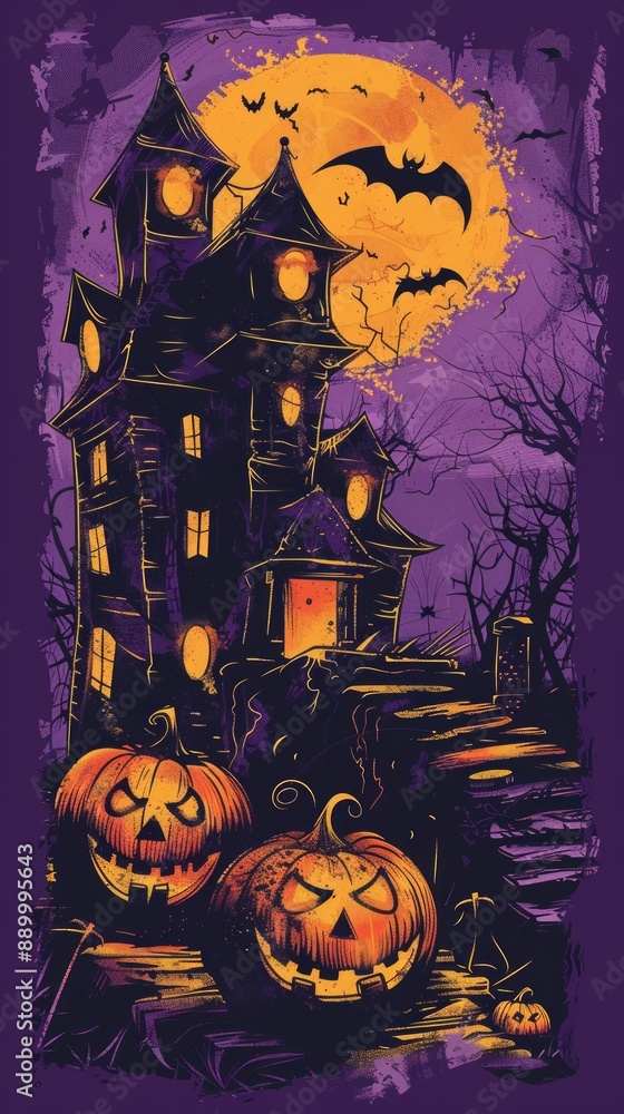 Fototapeta premium Halloween Day Concept. Graphic t-shirt design style halloween haunted house. pumpkin heads. Violet background