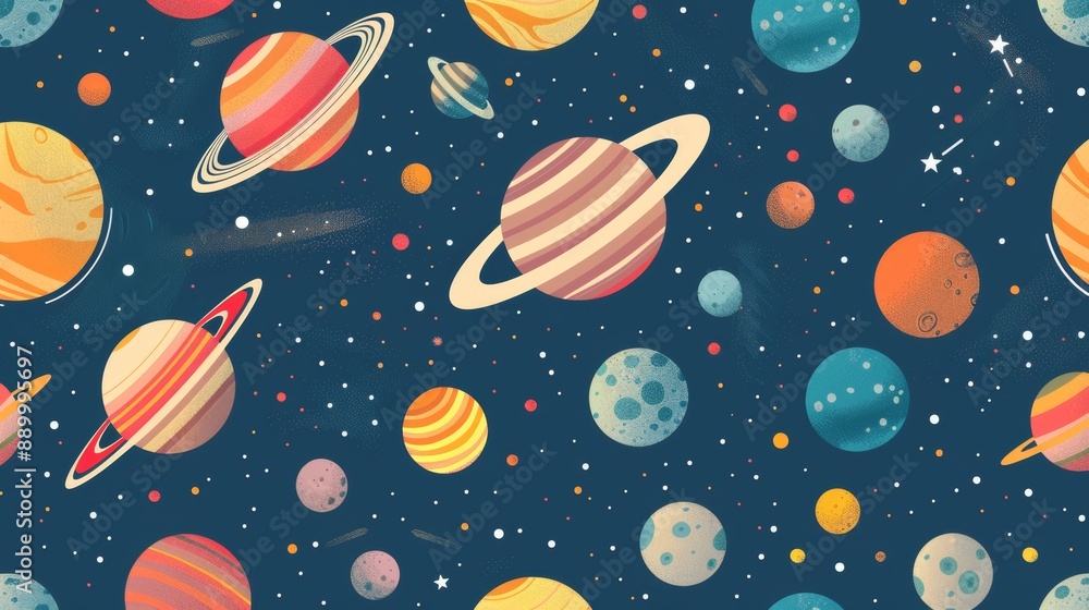 A pattern of different celestial bodies like planets, moons, and asteroids. seamless illustration pattern. A pattern of different celestial bodies like planets, moons, and asteroids. seamless illustration pattern.