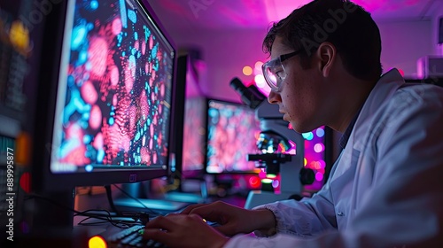 A scientist using a fluorescence microscope to examine cell samples, with brightly colored images displayed on a computer screen.