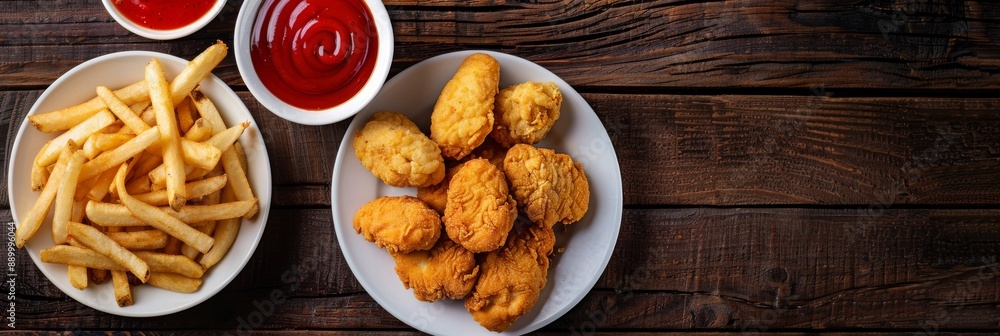 Three white plates containing crispy fried chicken nuggets, golden French fries, and a red dipping sauce on a rustic wooden table Three white plates containing crispy fried chicken nuggets, golden French fries, and a red dipping sauce on a rustic wooden table