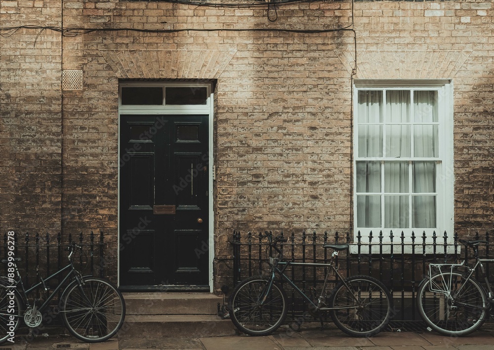 A brick building with a black door and a window in Cambridge, UK, with bikes parked in front. A brick building with a black door and a window in Cambridge, UK, with bikes parked in front.