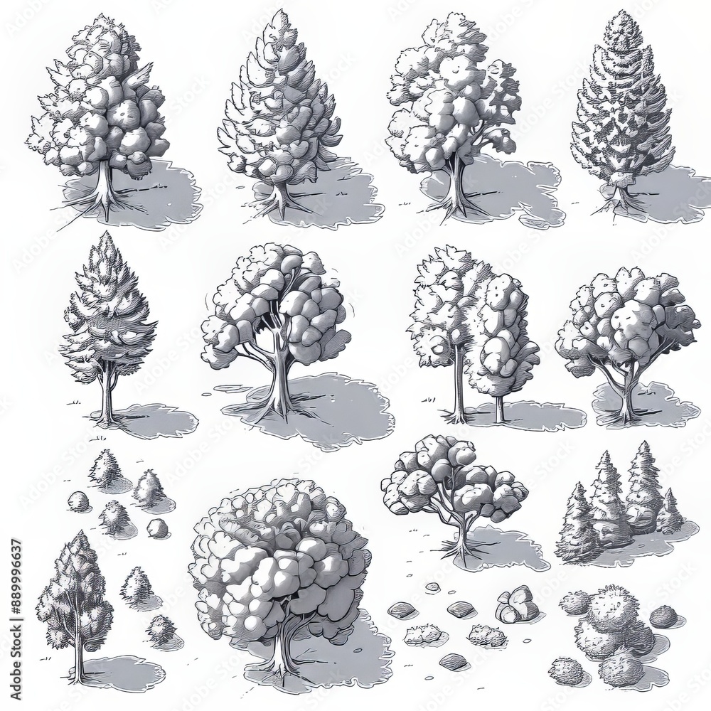 Detailed Digital Tree And Rock Illustrations In Black And White Detailed Digital Tree And Rock Illustrations In Black And White