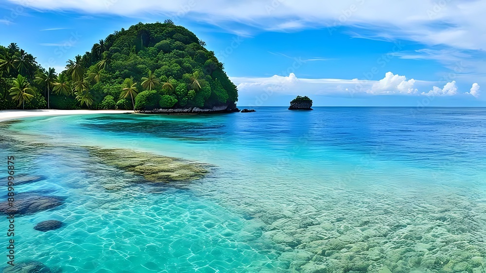 Obraz premium Very beautiful panoramic view of the blue sea with green trees