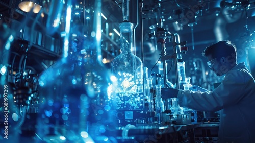 A team of researchers conducting an experiment involving complex chemical reactions, with a focus on their collaborative efforts.