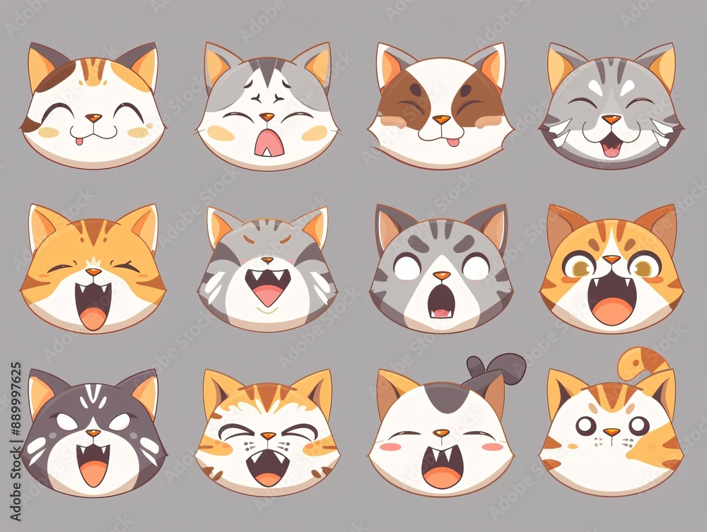 Obraz premium 3. An emote collection of cute cat character expressions in vector format, depicting a range of feelings like excitement, curiosity, boredom, and fear, with each face capturing the cat's personality