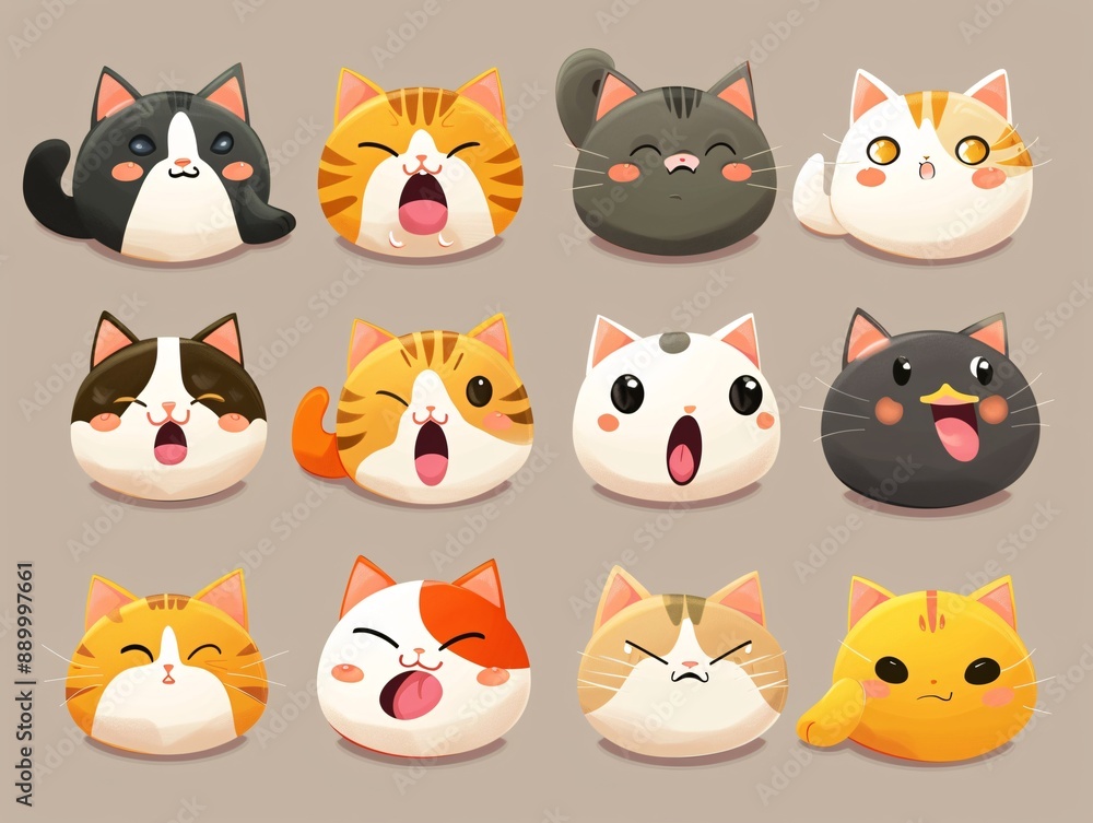 5. A variety of cute cat character expressions in a vector elements collection, showcasing moods such as happiness, annoyance, surprise, and confusion, each illustration detailed to highlight the 5. A variety of cute cat character expressions in a vector elements collection, showcasing moods such as happiness, annoyance, surprise, and confusion, each illustration detailed to highlight the
