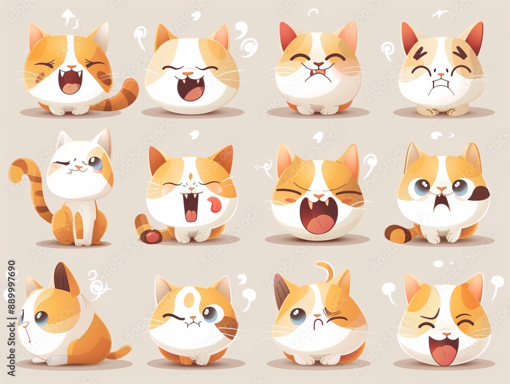 5. A variety of cute cat character expressions in a vector elements collection, showcasing moods such as happiness, annoyance, surprise, and confusion, each illustration detailed to highlight the 5. A variety of cute cat character expressions in a vector elements collection, showcasing moods such as happiness, annoyance, surprise, and confusion, each illustration detailed to highlight the