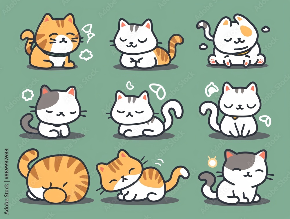 2. A kawaii style vector illustration collection of adorable cats in various poses, including playful, curious, relaxed, and joyful stances, designed for use in t-shirt prints, stickers, and greeting 2. A kawaii style vector illustration collection of adorable cats in various poses, including playful, curious, relaxed, and joyful stances, designed for use in t-shirt prints, stickers, and greeting