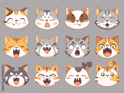 3. An emote collection of cute cat character expressions in vector format, depicting a range of feelings like excitement, curiosity, boredom, and fear, with each face capturing the cat's personality