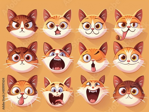 3. An emote collection of cute cat character expressions in vector format, depicting a range of feelings like excitement, curiosity, boredom, and fear, with each face capturing the cat's personality
