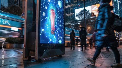 Fototapeta Naklejka Na Ścianę i Meble -  Cityscape with Futuristic Billboard and Blurry Pedestrian