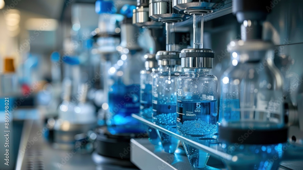 A detailed view of a lab setup for protein purification, featuring columns, buffers, and various analytical tools. A detailed view of a lab setup for protein purification, featuring columns, buffers, and various analytical tools.