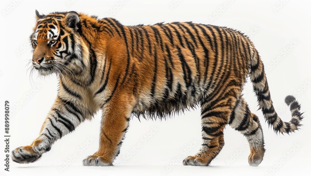 Obraz premium Striped Tiger Walking on White Background