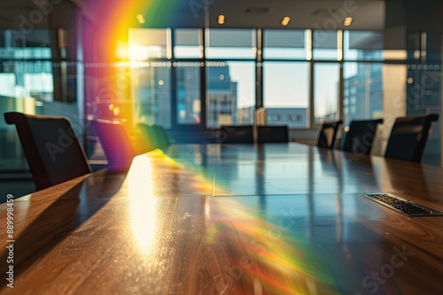 Rainbow over a meeting room, representing motivation