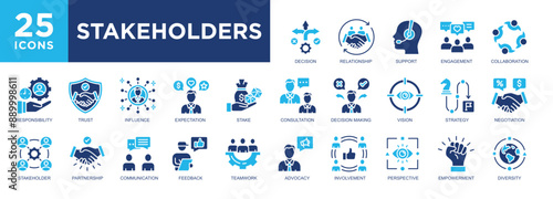 Stakeholder, business, management, collaboration, strategy, team icon set. icons collection. Simple vector illustration