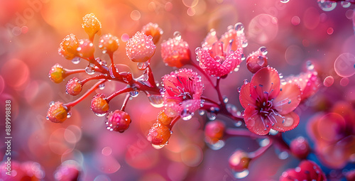 Vibrant pink blooms adorned with dew drops, reflecting light. photo