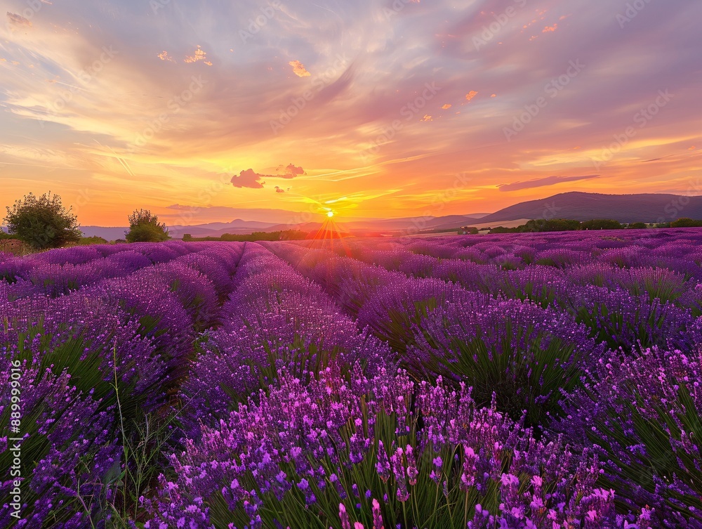 Obraz premium 4. A stunning sunset over a lavender field in Provence, where the vibrant purple flowers contrast beautifully with the orange and pink hues of the evening sky, creating a tranquil and mesmerizing