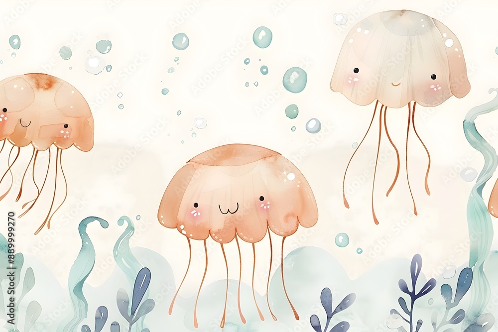 Whimsical Watercolor Jellyfish with Peaceful Underwater Scene Whimsical Watercolor Jellyfish with Peaceful Underwater Scene
