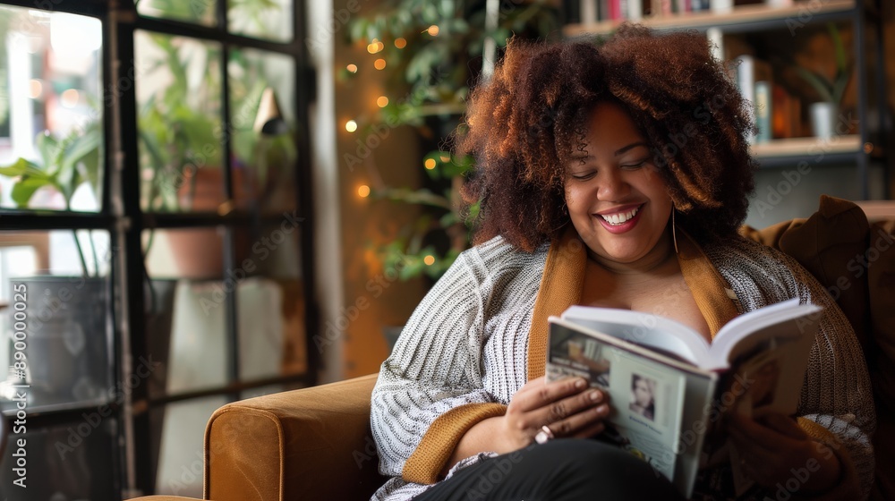 Plus-size woman enjoying a coffee at a trendy cafe, reading a book Plus-size woman enjoying a coffee at a trendy cafe, reading a book