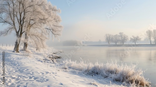 Wallpaper Mural A misty or hazy view of the banks of the River Maas during winter, depicting a serene and atmospheric scene with possibly softened outlines and muted colors due to the fog or mist. Torontodigital.ca