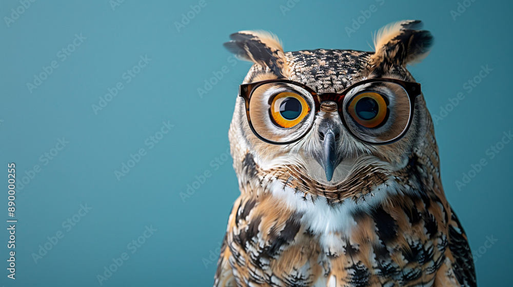 Clever forest owl with glasses on blue background, symbolizing back to school and education. Clever forest owl with glasses on blue background, symbolizing back to school and education.